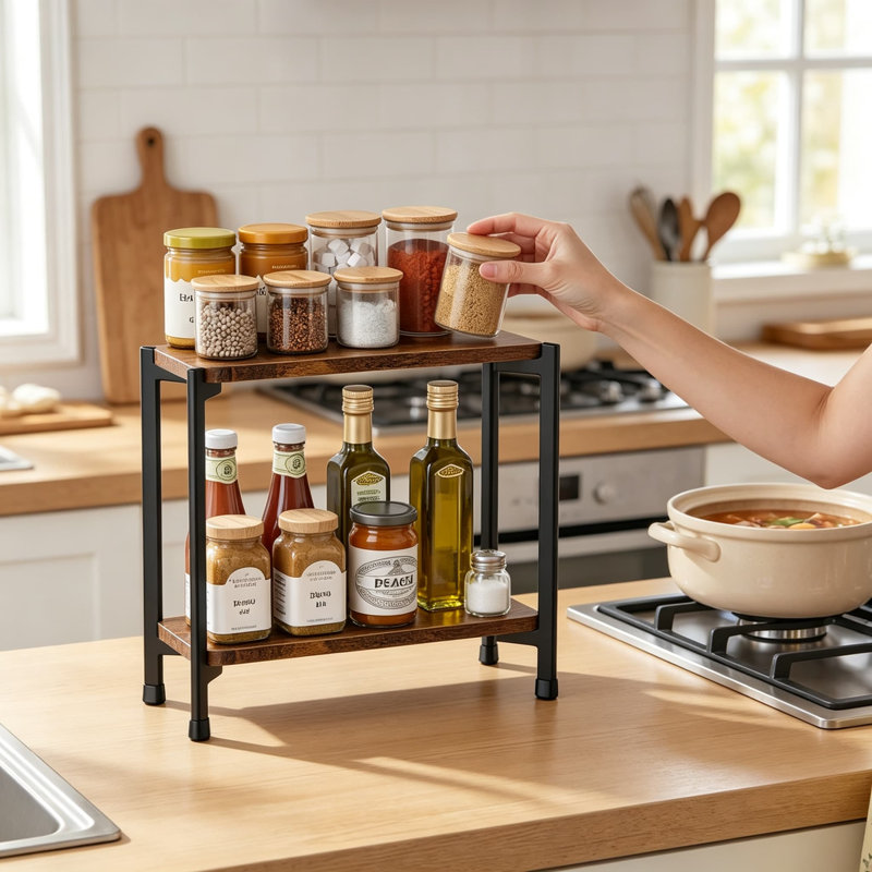 Étagère à épices à 2 niveaux pour comptoir de cuisine, tablette d'assaisonnement en bois et en métal, rangement compact pour bar à café, table de salle à manger et garde-manger