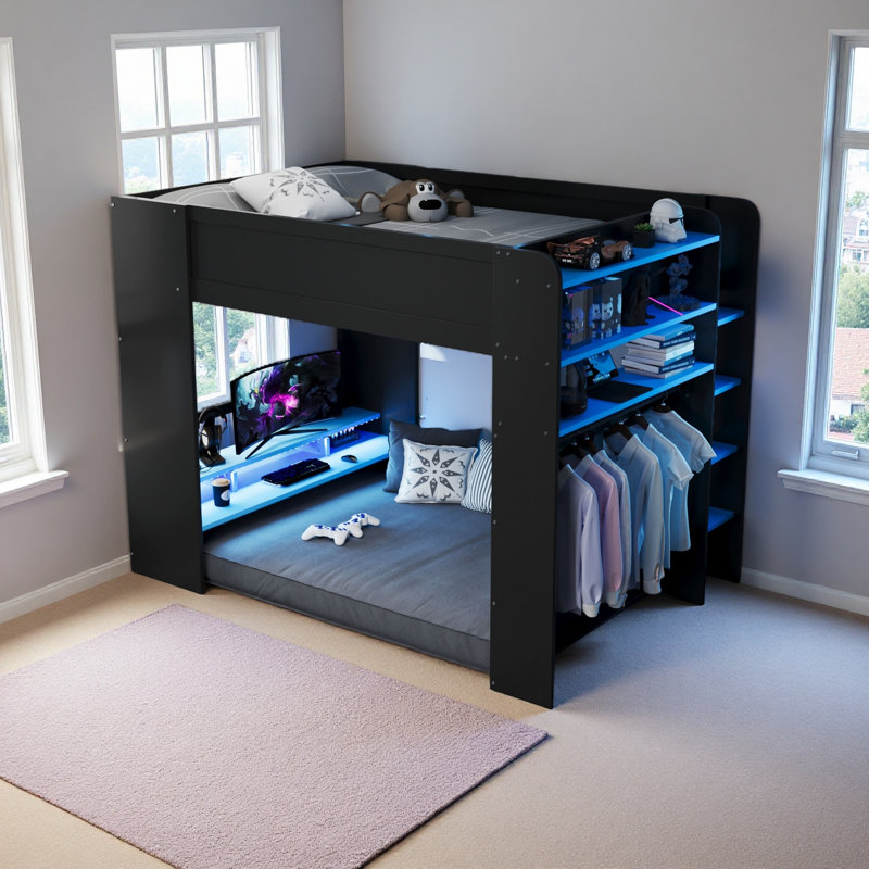 Lit superposé double en bois pleine grandeur avec bureau à hauteur réglable, garde-robe, grand espace de rangement et lumière RVB
