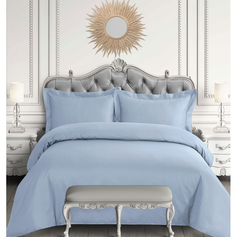Tribeca Living 600 Thread Count Duvet Traditional Egyptian-Quality Cotton Sateen Duvet Cover, Queen, Sky Blue