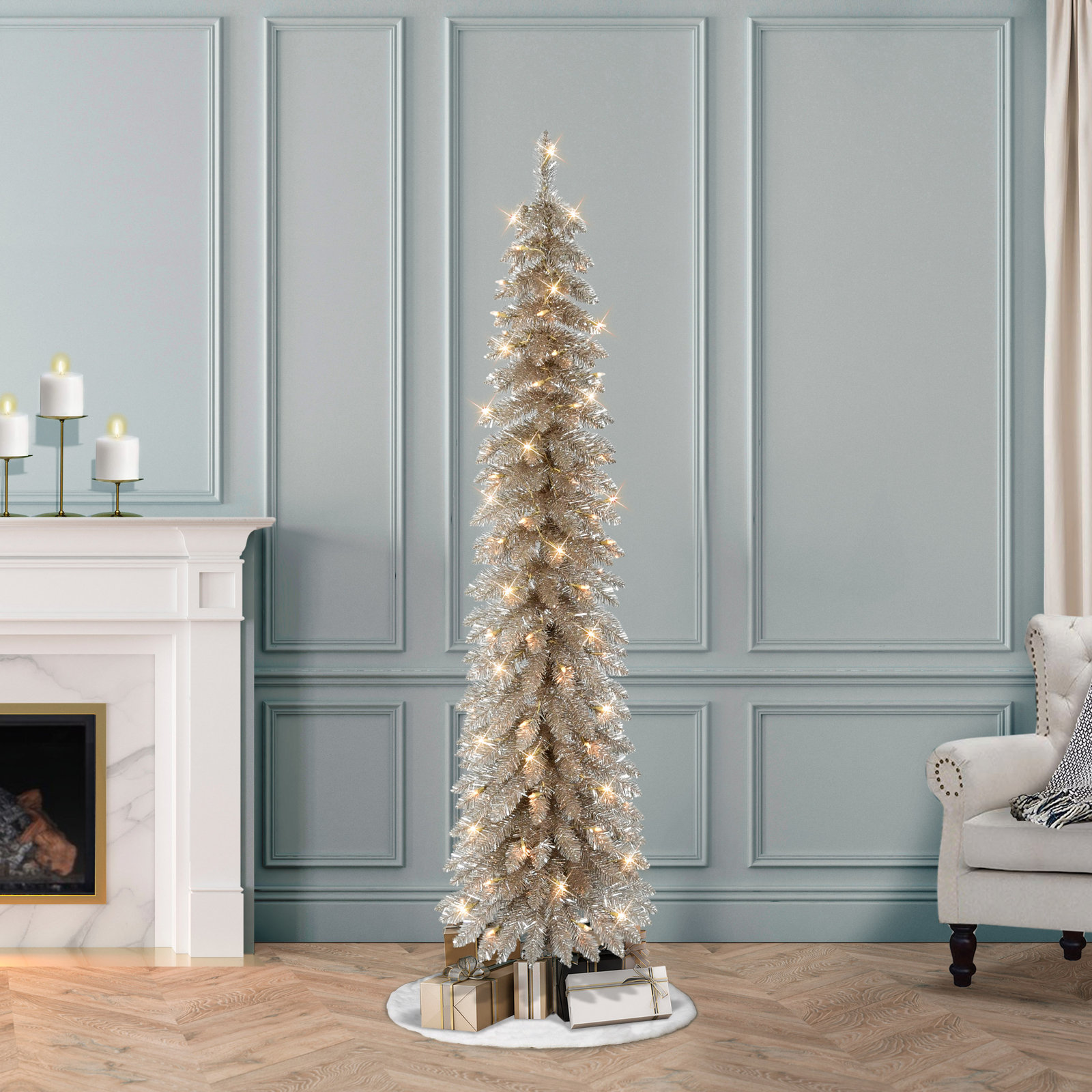 6' Pre-Lit Artificial Alpine Rose Gold Pencil Tree