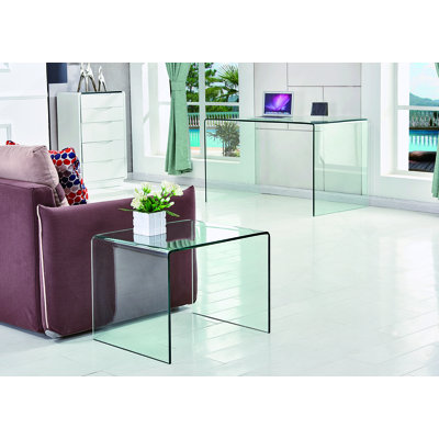 Table de bout transparente, table d'appoint en verre cintré transparent trempé