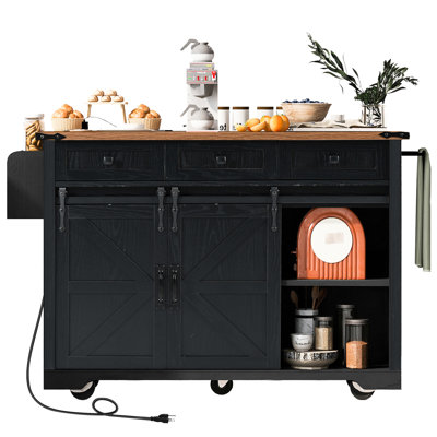 53.7" Kitchen Island With Black Wood Grain, 2 Sliding Barn Doors, 3 Drawers, 5 Lockable Wheels And Spice Rack Brown Grain Tabletop, 47w Drop Leaf, Ac Outlets, Ports Universal