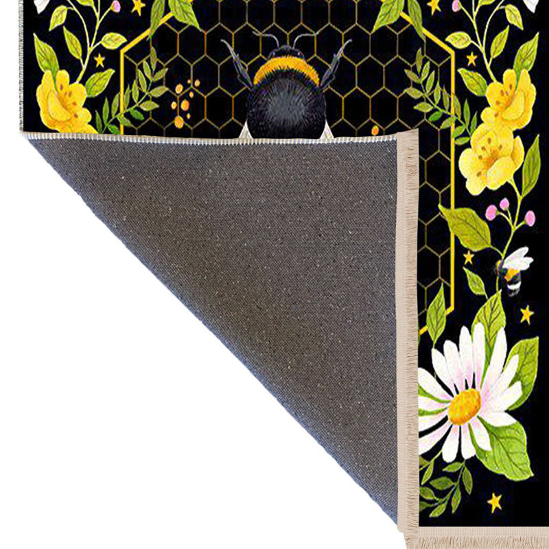 Tapis décoratif moderne à motif d'abeilles et de fleurs à motif noir Barcelona Collection