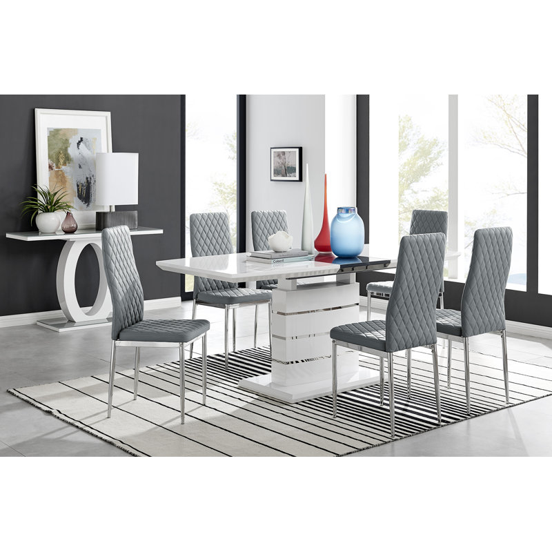 Everson Large High Gloss Extendable Dining Set with 8 Luxury Faux Leather Upholstered Dining Chairs, Gray