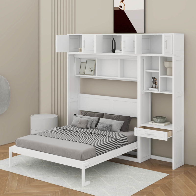 Grand lit escamotable mural avec bureau, Blanc, Grand lit