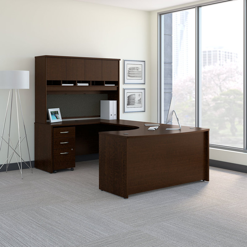Series C 60W Bow Front U Shaped Desk with Hutch and Storage, Mocha Cherry, Left Hand Return
