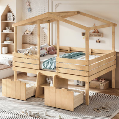 Lit mezzanine double avec escalier et tiroirs de rangement, lit mezzanine bas pour enfant avec toit de maison, structure en bois massif, aucun sommier nécessaire, naturel