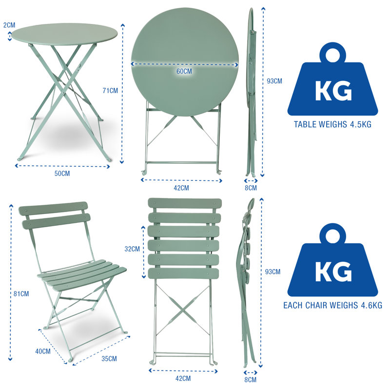 Kashayla 3-Piece Bistro Set with Foldable Table and Chairs, Mint