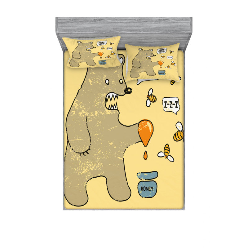 Ensemble de draps Caricature Bear Bees and Honey Saying Yum Yum, Ensemble de draps pour lit double avec un drap-hou
