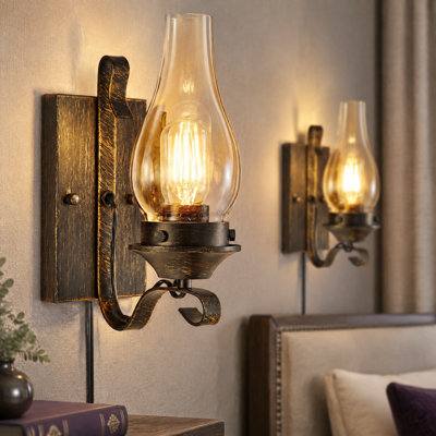 Lot de 2 appliques murales de 30 cm de haut en bronze huilé, luminaires d'intérieur vintage avec douille en verre