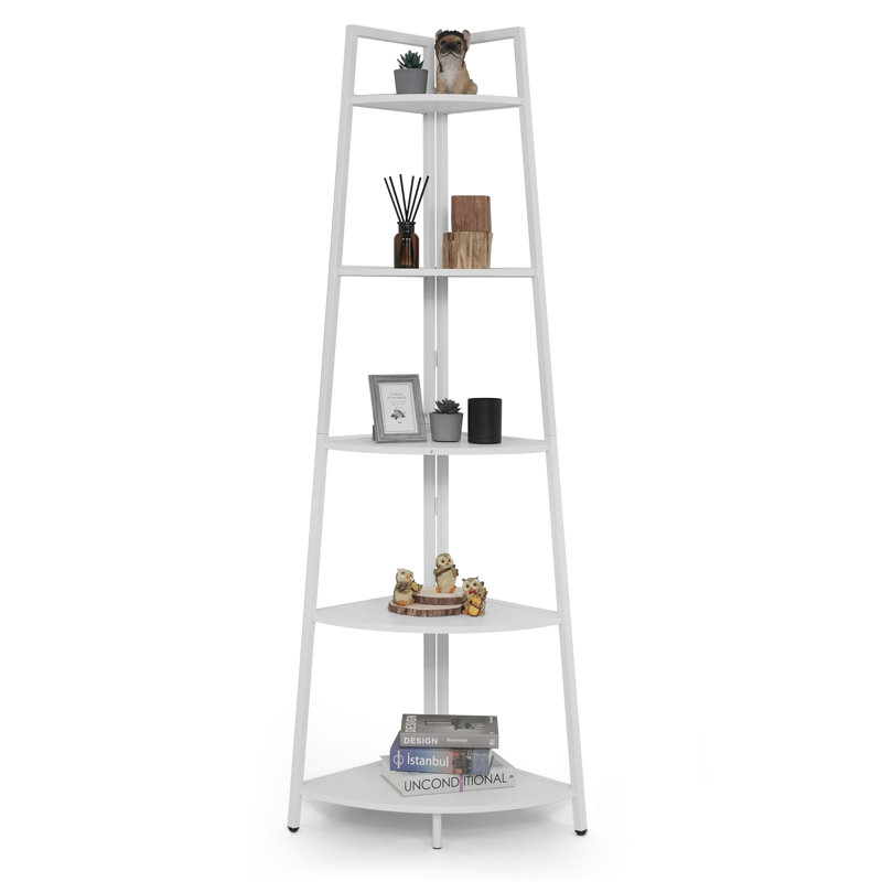 Étagère de coin à 5 niveaux avec bibliothèque en bois pour échelle avec cadre en métal, bibliothèque polyvalente pour bureau personnel, blanc   