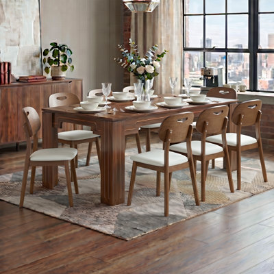 71 Inch Modern Walnut Dining Table Set With Solid Wood PU Leather Chairs