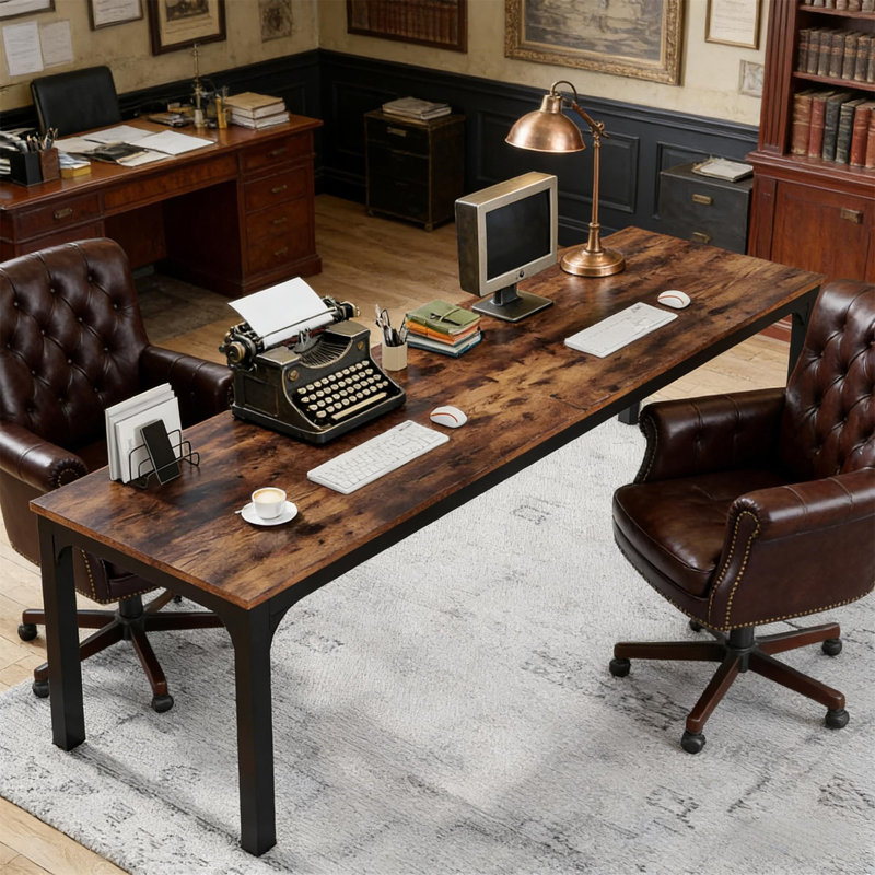 Bureau d'ordinateur pratique (sans tabourets), Brun rustique / noir, H 29,55 po x l 78,8 po x P 27,58 po