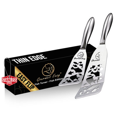 Ensemble de spatule à poisson en acier inoxydable - édition Funky Fish, 1 grand tourne-poisson + 1 petite spatule en métal, bord ultra-mince pour une rotation et un retournement faciles, poignée ergonomique antidérapante, va au lave-vaisselle