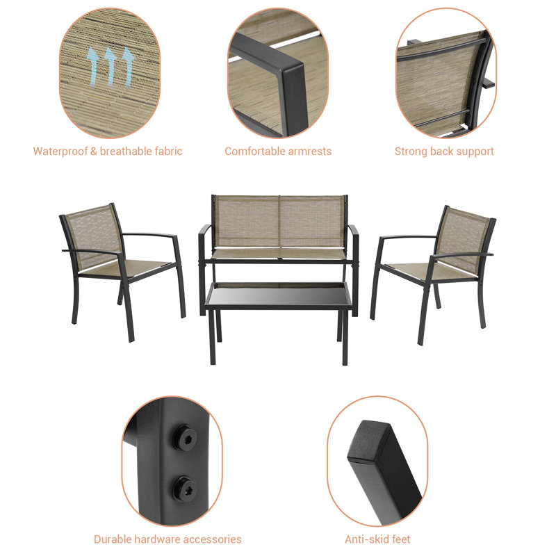 4 Pcs All-Weather Patio Furniture, Modern PVC-Coated Polyester Bistro Sets Poolside Lawn Balcony Chairs With Loveseat And Glass Coffee Table