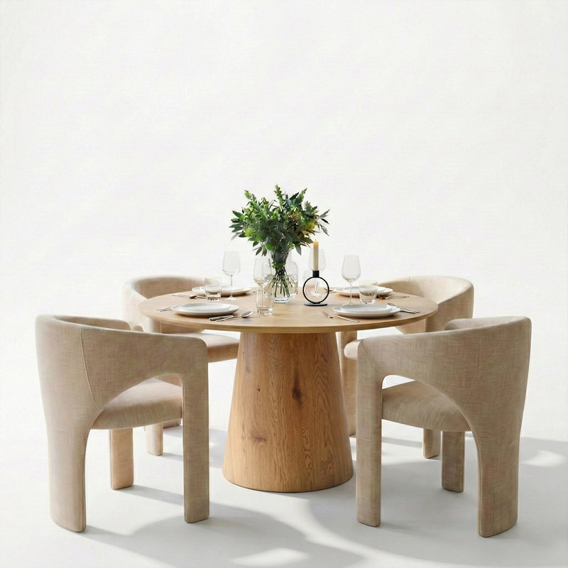 47"-83" Extendable Round To Oval Dining Table Set,Modern Pedestal Wood Dining Table With Upholstered Barrel Chairs, Brie 