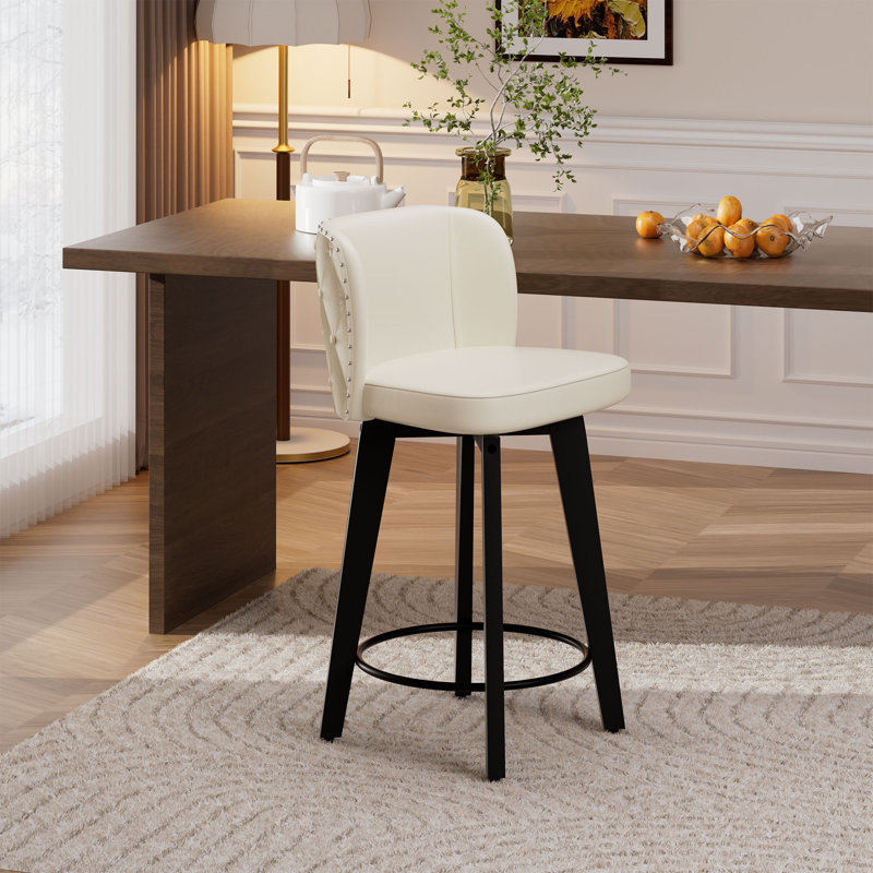 Swivel Bar Stool, 27.5" PU Leather Seat with Tufted Back, Solid Wood Legs, Counter Height Bar Chairs for Kitchen Island, Dining Room, Café
