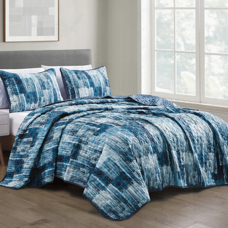 3-piece Reversible Microfiber Bedspread Set – Soft, Durable, Blue Abstract Design, King Bedspread + 2 King Shams