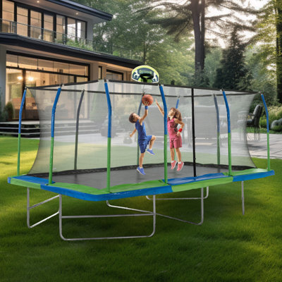 10'x17' Rectangle Trampoline Set w/ Top-Ring Enclosure & Trampoline Basketball Hoop, Ball & Pump