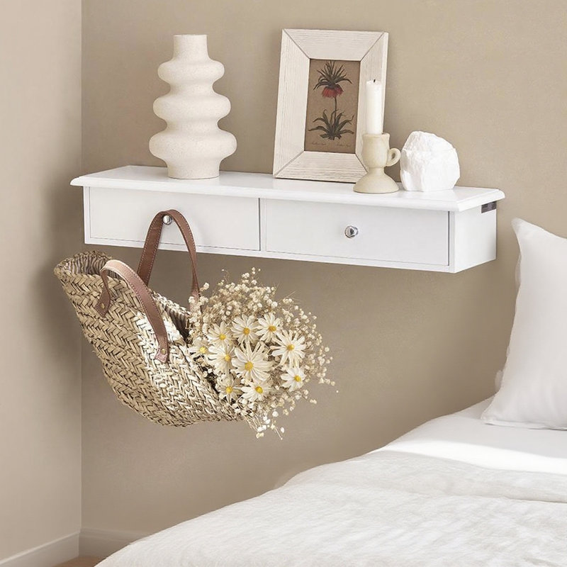 Lamartine Floating Shelf with Drawer, White