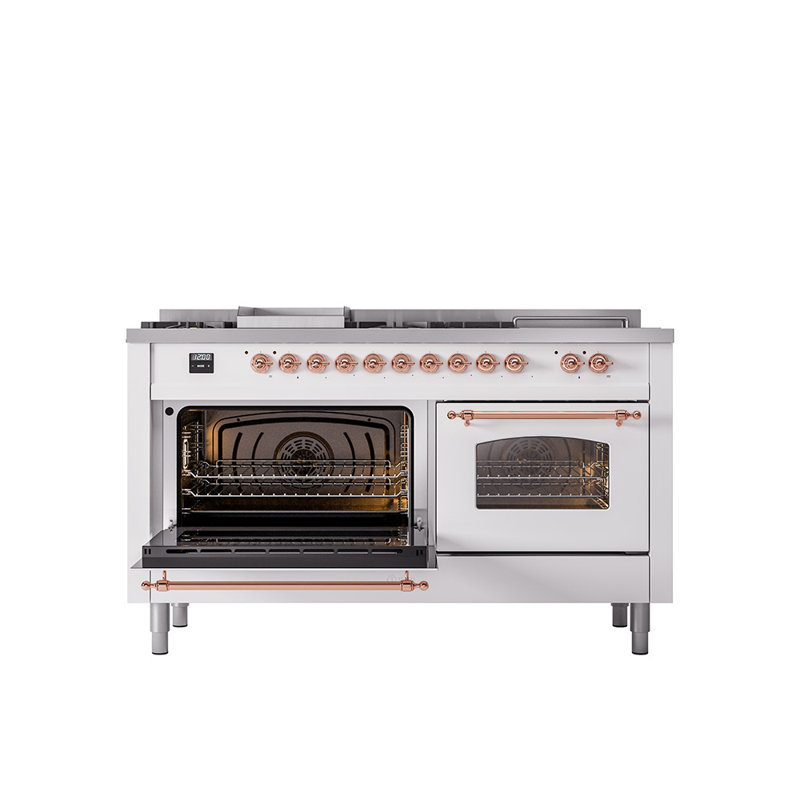 ILVE Nostalgie II Series 60 inch Dual Fuel Range with 5 Sealed Burners, Griddle, Frenchtop (Glass Door), RAL Color/Copper