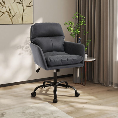 Modern Upholstered Bankers Chair - Sleek Jet Black Plush Office Chair With Rolling Casters, Comfortable Desk Chair For Home Office & Study