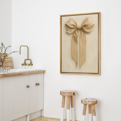 Neutral Bow Wall Art - Beige Ribbon on Canvas, Framed Minimalist Feminine Decor for Bedroom or Nursery
