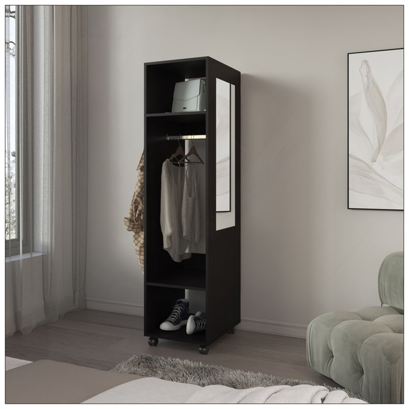 Armoire H 63 po, avec 3 tablettes, 1 miroir et 4 roulettes, noir, Noir