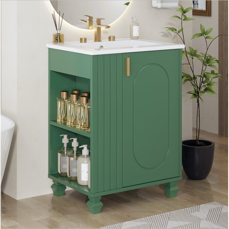 Meuble-lavabo 24 po avec lavabo, armoire de salle de bain avec tablette de porte, rangement latéral ouvert, structure en bois massif, porte à fermeture douce