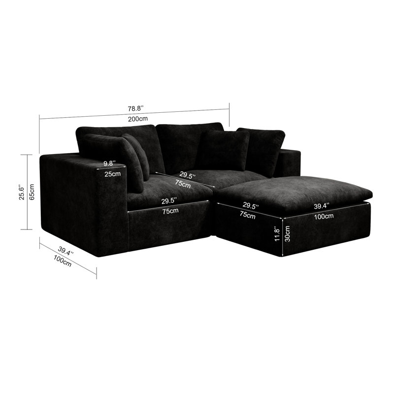 Siège modulaire combiné 3 pièces, canapé rembourré 78,8 x 68,9 po en velours côtelé noir pour chambre à coucher, salon, appartement - sans canapé d'assemblage, siège avec velours côtelé, combinaison,