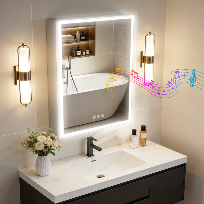Surface Frameless LED Davaughn Mirror With 2 Adjustable Shelf & Bluetooth Speaker, 70cm H x 50cm W x 14.3cm D