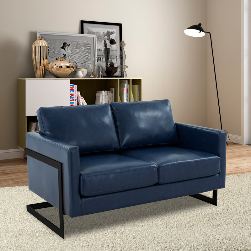 Canapé en cuir moderne Natahlia, Bleu, Noir, Three-Seater Sofa