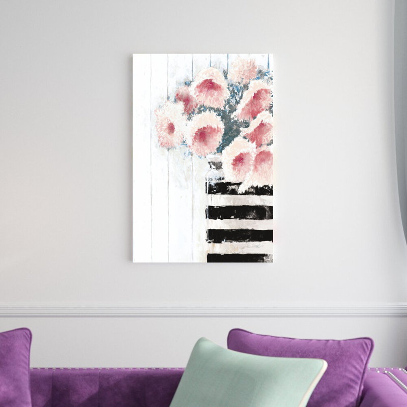 Fleurs dans un vase rayé - peinture sur toile tendue, H 30 po x l 20 po