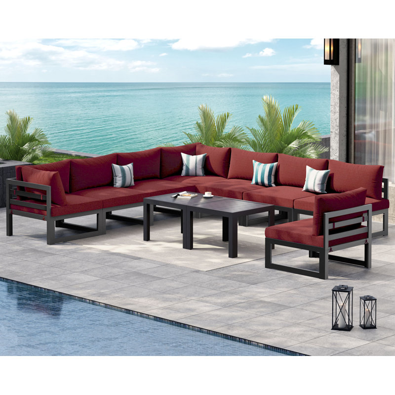 Ensemble de conversation modulaire d'extérieur en aluminium pour 8 personnes avec coussins et table basse Gillean, Noir, Gris