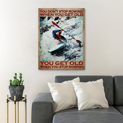 «Rowing Man - You Don't Stop Rowing When You Get Old», toile tendue avec châssis - Sport Illustration Decor, décor de salon bleu