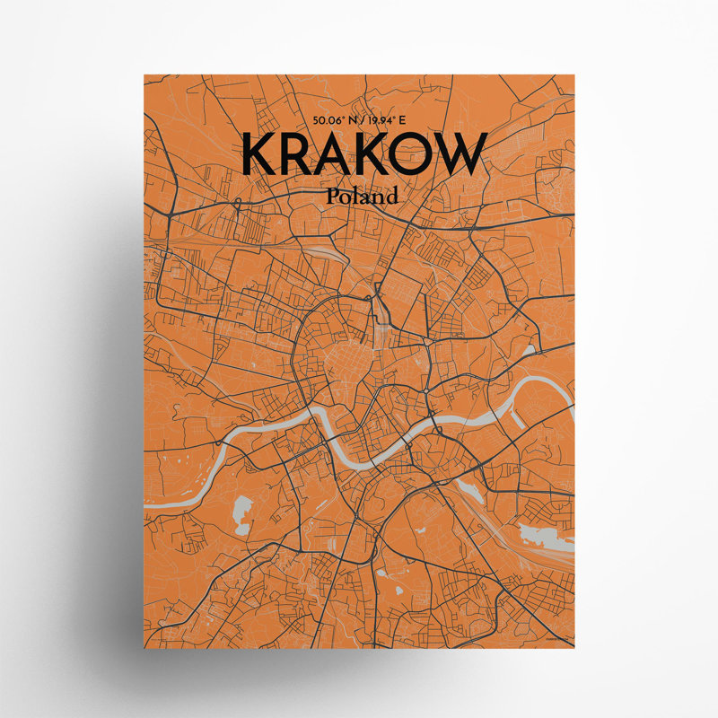 «Krakow City Map», impression de luxe, H 24 po x l 18 po, Orange / gris