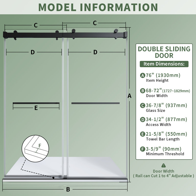 68-72"W X 76" H Double Sliding Soft-Closing Shower Door with 3/8" (10 mm) Tempered Glass, Matte Black