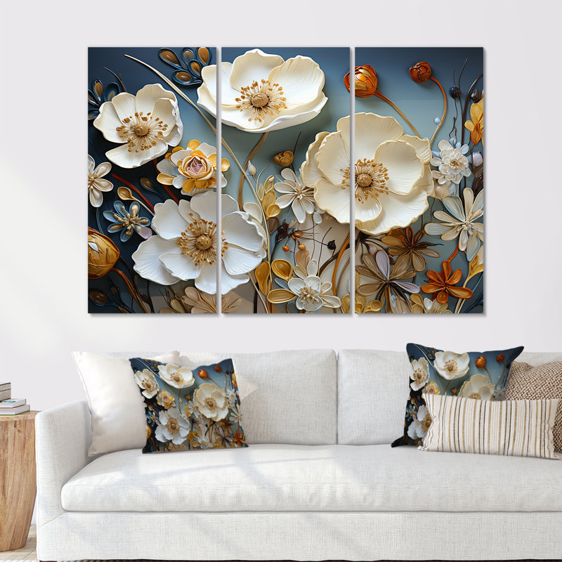 Ensemble de salon art floral jaune et gris coquelicots, H 40 po x l 60 po x P 1 po
