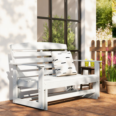 2-Person Outdoor Glider Bench Patio Double Swing Rocking Chair Loveseat w/ Slatted HDPE Frame for Backyard Garden Porch, Distressed White,wood