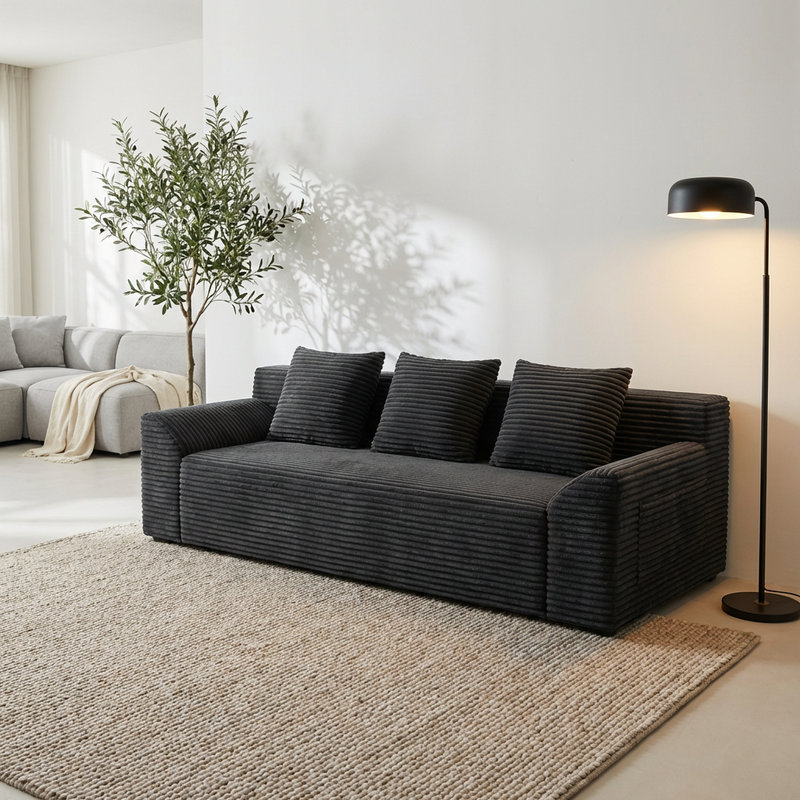Canapé en velours côtelé à assise profonde avec coussins touffetés Corduroy