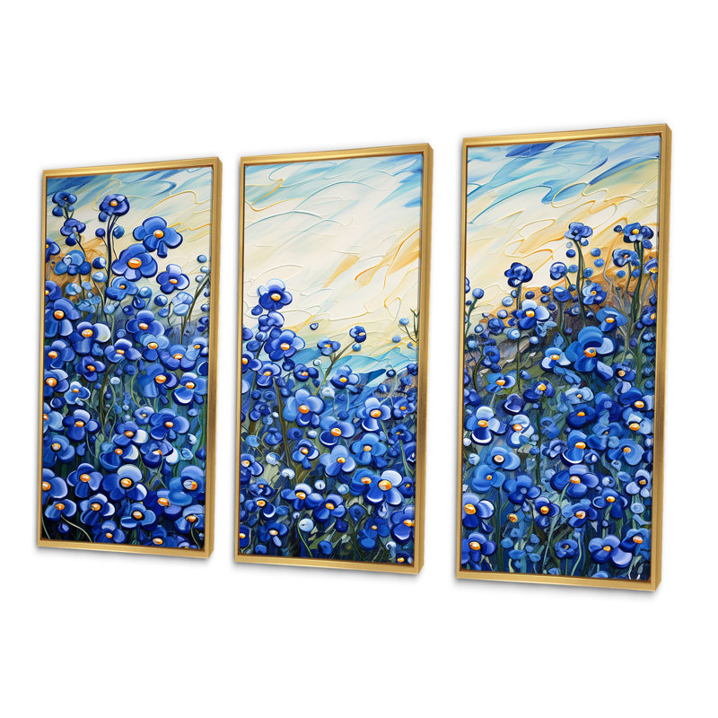 Ensemble de salon «Calming Blue Bonnets Floral Field - Flower Field Wall Art», Cadre flottant doré