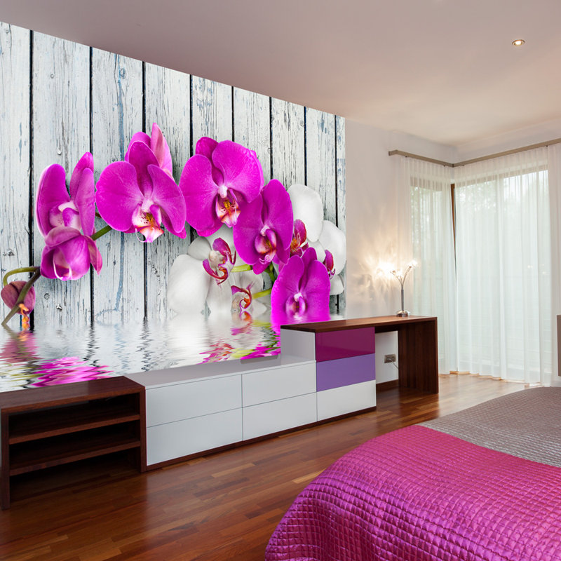 Violet Orchids with Water Reflection 193cm x 250cm Wallpaper, 2.55m x 3.84m