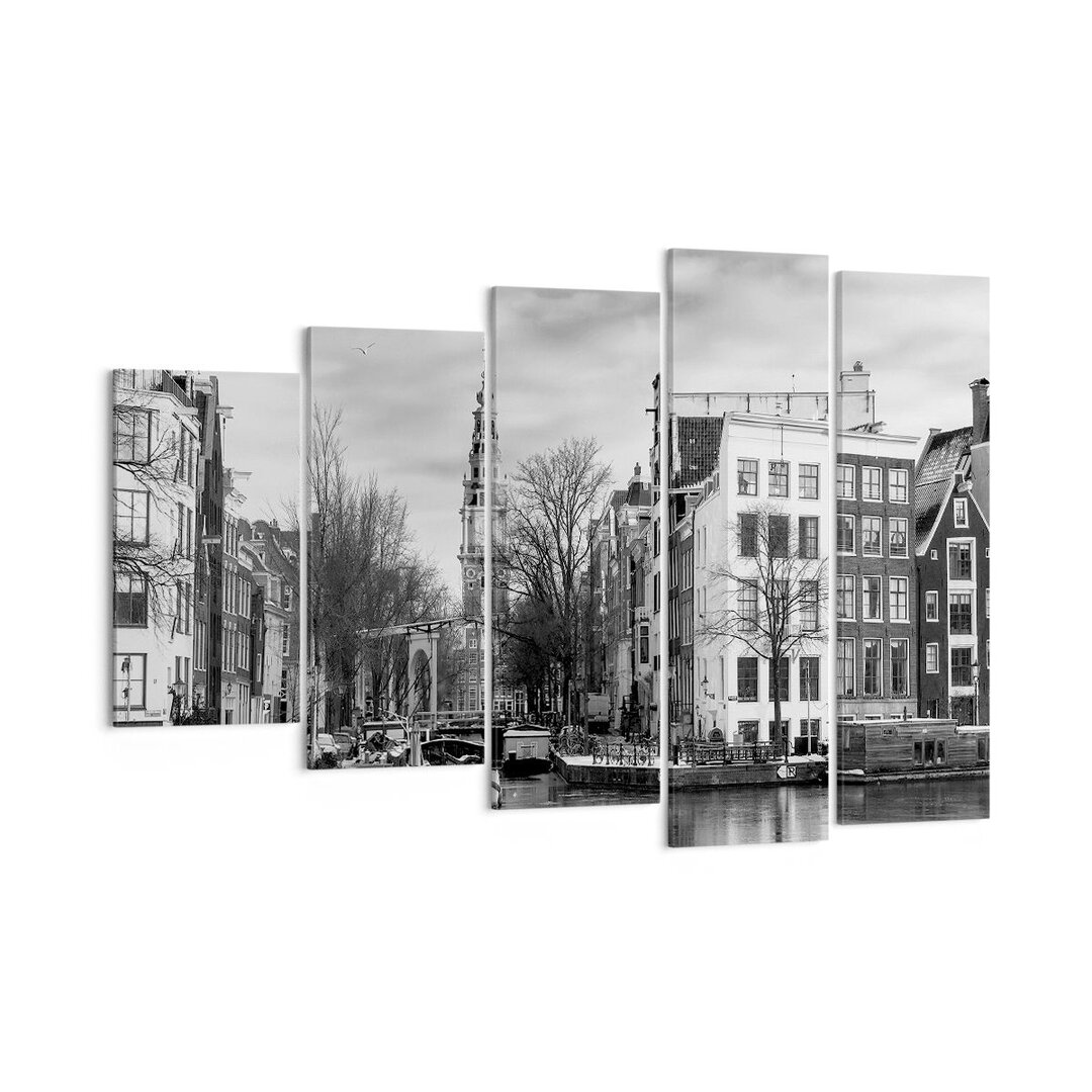 5-tlg. Leinwandbilder-Set Black And White Amsterdam Boats