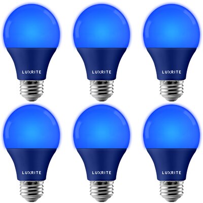 Luxrite A19 LED Blue Light Bulb 60W Equivalent Non-Dimmable UL Listed E26 Base Indoor Outdoor Holiday Event Home Lighting (6 Pack) -  LR21491-6PK