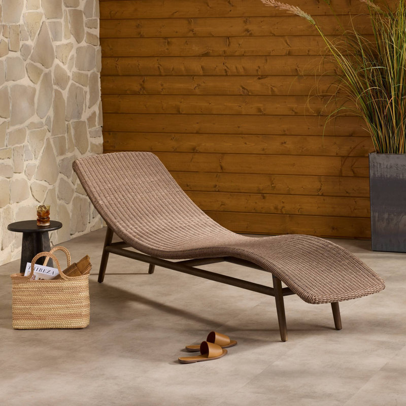 Janine Outdoor Teak Wood Chaise Lounge, Stained Saddle Brown, Tanned Weave