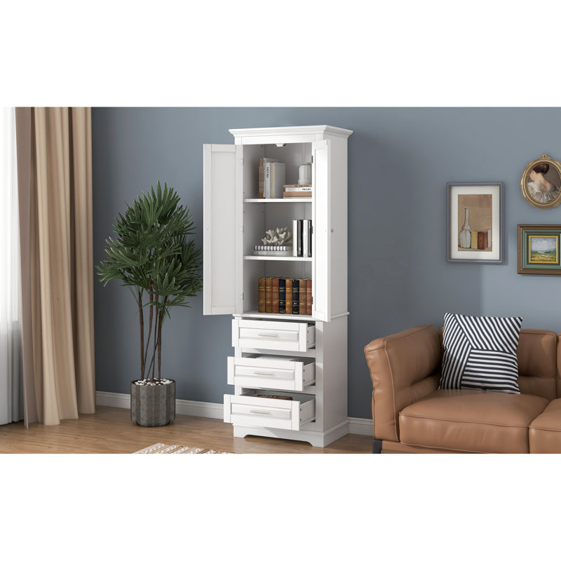 Tall Storage Cabinet With Three Drawers In White For Bathroom Organization, Metal Drawer Slides, Easy Assembly - Office And Bathroom, Ample Capacity, Adjustable Shelving