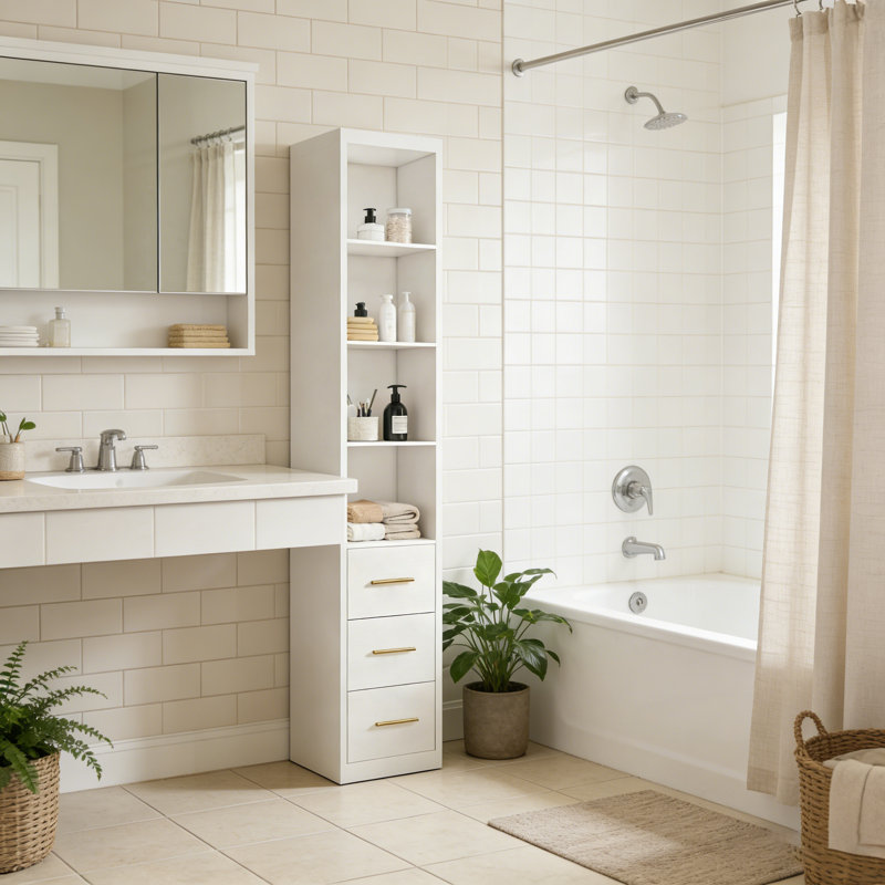 Cabine de rangement étroite et mince avec 3 tiroirs et 4 tablettes ouvertes pour la salle de bain