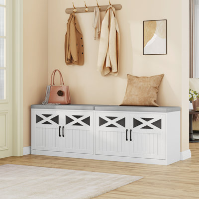 2 Tier Shoe Storage Bench with Doors, Farmhouse Shoe Bench with Padded Cushion, 12 Pairs of Bed End Bench, Entryway Bench with Storage for Bedroom, Living Room, White