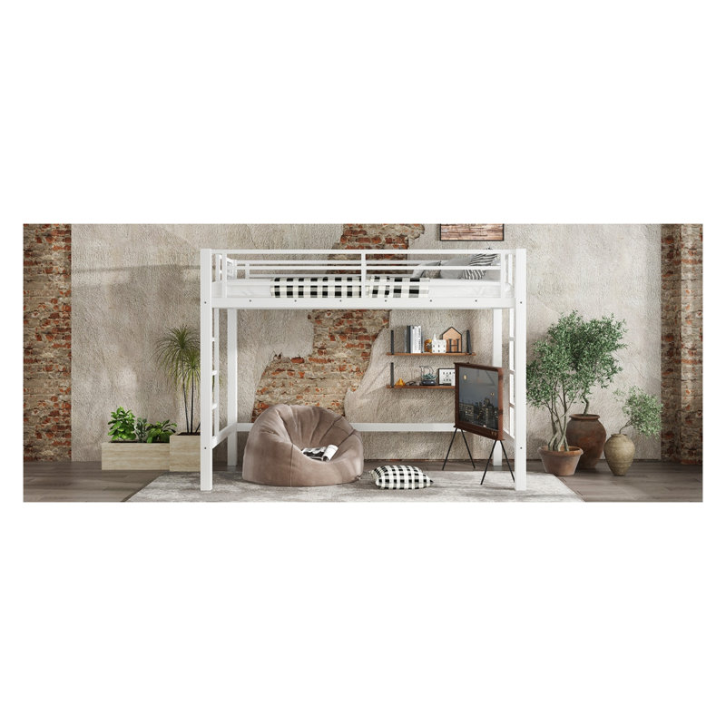 Twin XL Metal Loft Bed with Safety Guardrails and Dual-Side Ladder - Space-Saving White Metal Bed Frame for Dorm Rooms & Small Bedrooms
