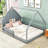 Full Wood House Bed Frame with Built-In Window, LED Light String and Fence-260515603